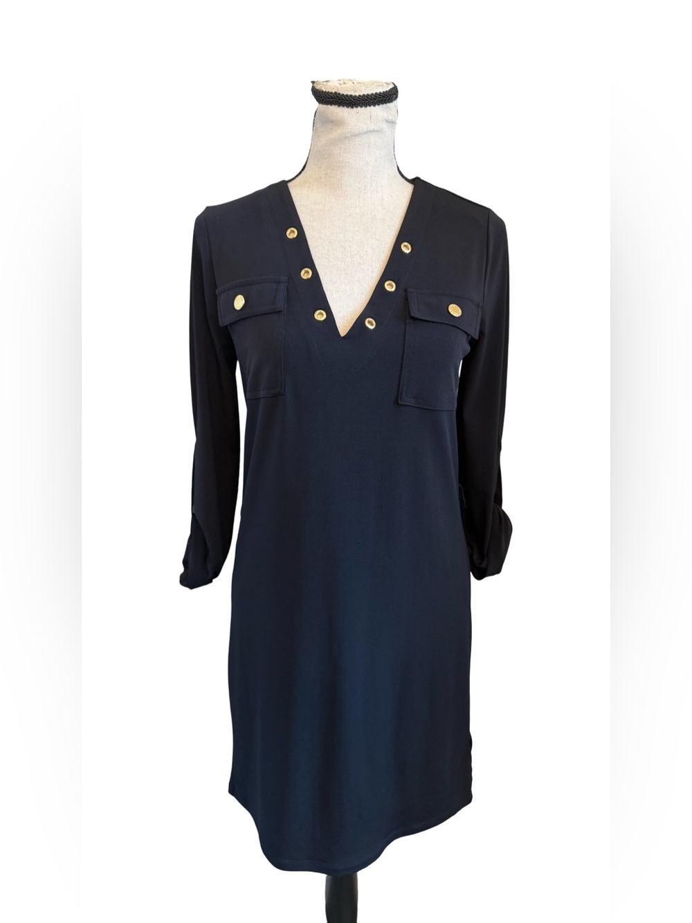 Michael Michael Kors Black Grommet Roll Tab Sleeve Dress Petite Small 17x32